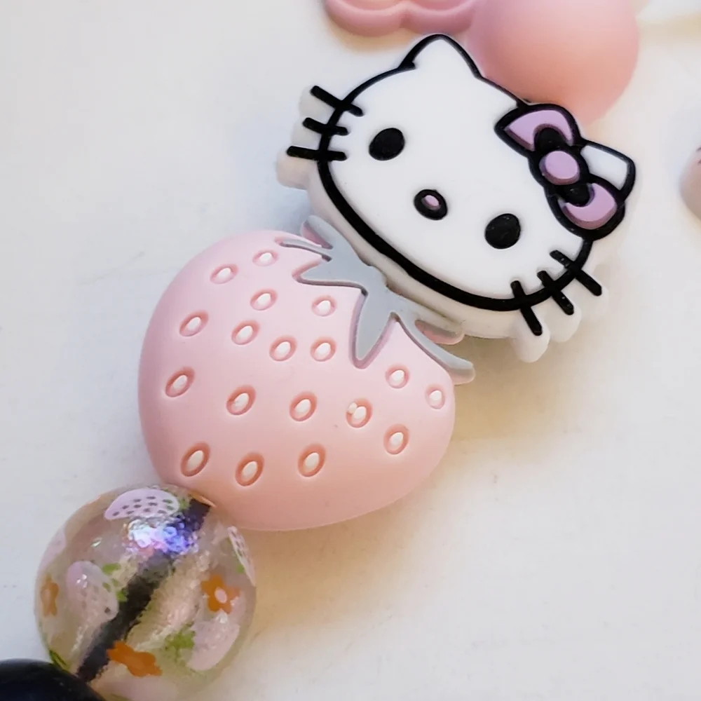 Handmade Kawaii Black Pink White Strawberry Flower Hello Kitty Keychain